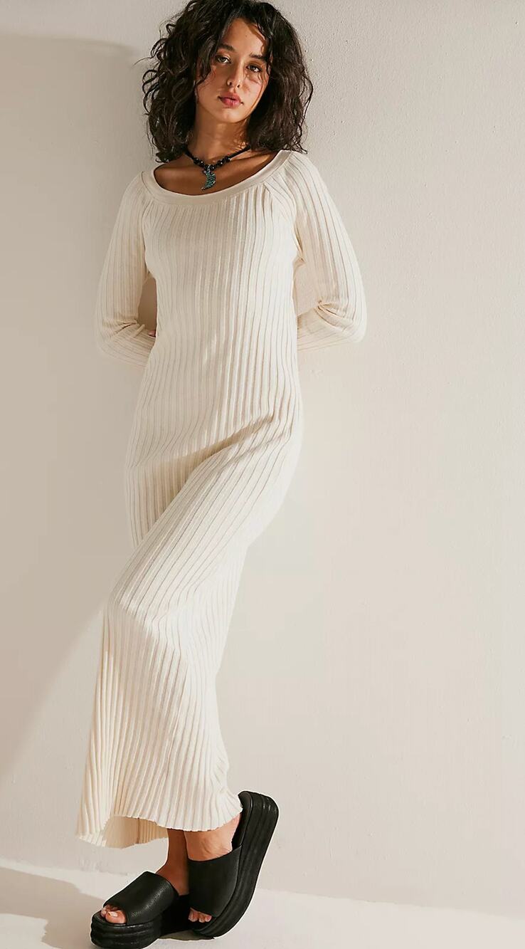 Free People Beach Womens L Cream Walk About Ribbed Maxi Dress Cotton